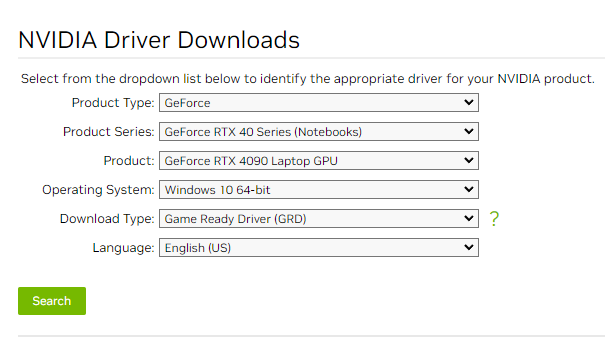 Nvidia Driver download page